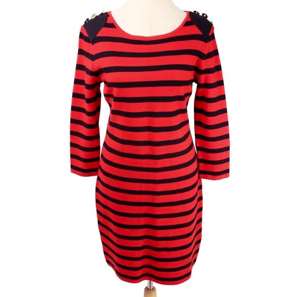 ADRIENNE VITTADINI Red & Navy Striped Knit 3/4 Sleeve Sheath Dress Size L - Picture 1 of 5
